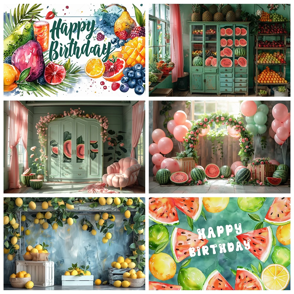 Summer Fruit Photography Backdrop Custom Watermelon Lemon Green Plant Background Child Birthday Party Photo Shoot Props banner
