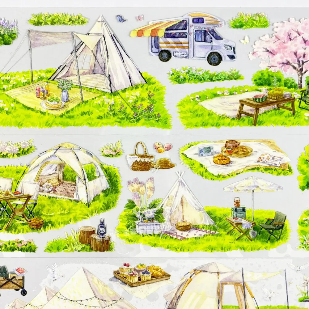 Jingwuzhi Spring Camping PET Washi Tape RV Field Grass Landscape Decorative Sticker for DIY Journaling