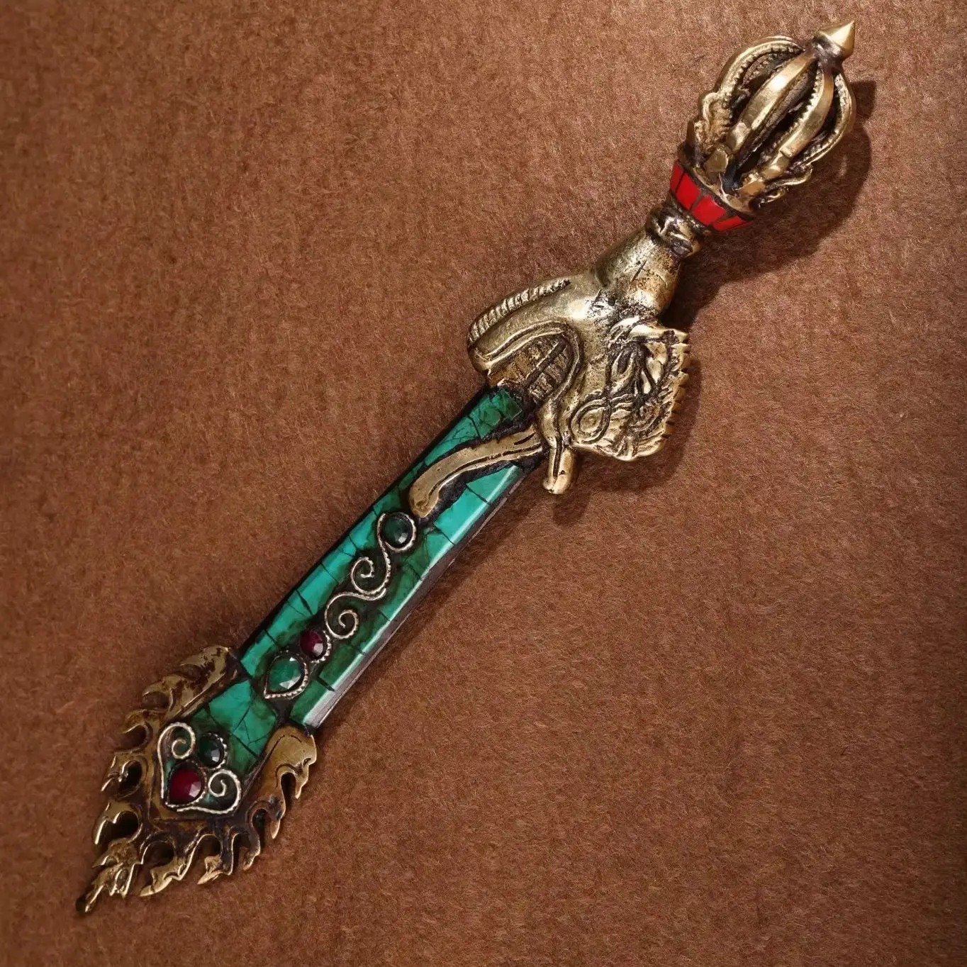 

11"Old Nepalese temples Old Bronze Outline in gold Mosaic Gem Painted Turquoise Manjushri Sword Vajra Amulet Worship Hall