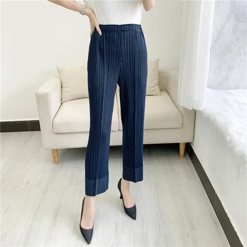 GGHK Pleated Straight Nine-minute Pants 2024 Summer Casual Fashion Versatile Women's Pressed Pleated Pants High-waisted Skinny