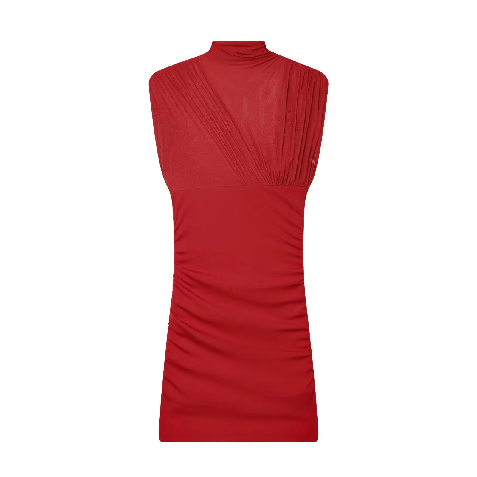 New Women High-Neck Sleeveless Ruched Sheer Red Mini Dress Mini Bodycon Celebrity Christmas Party Dress