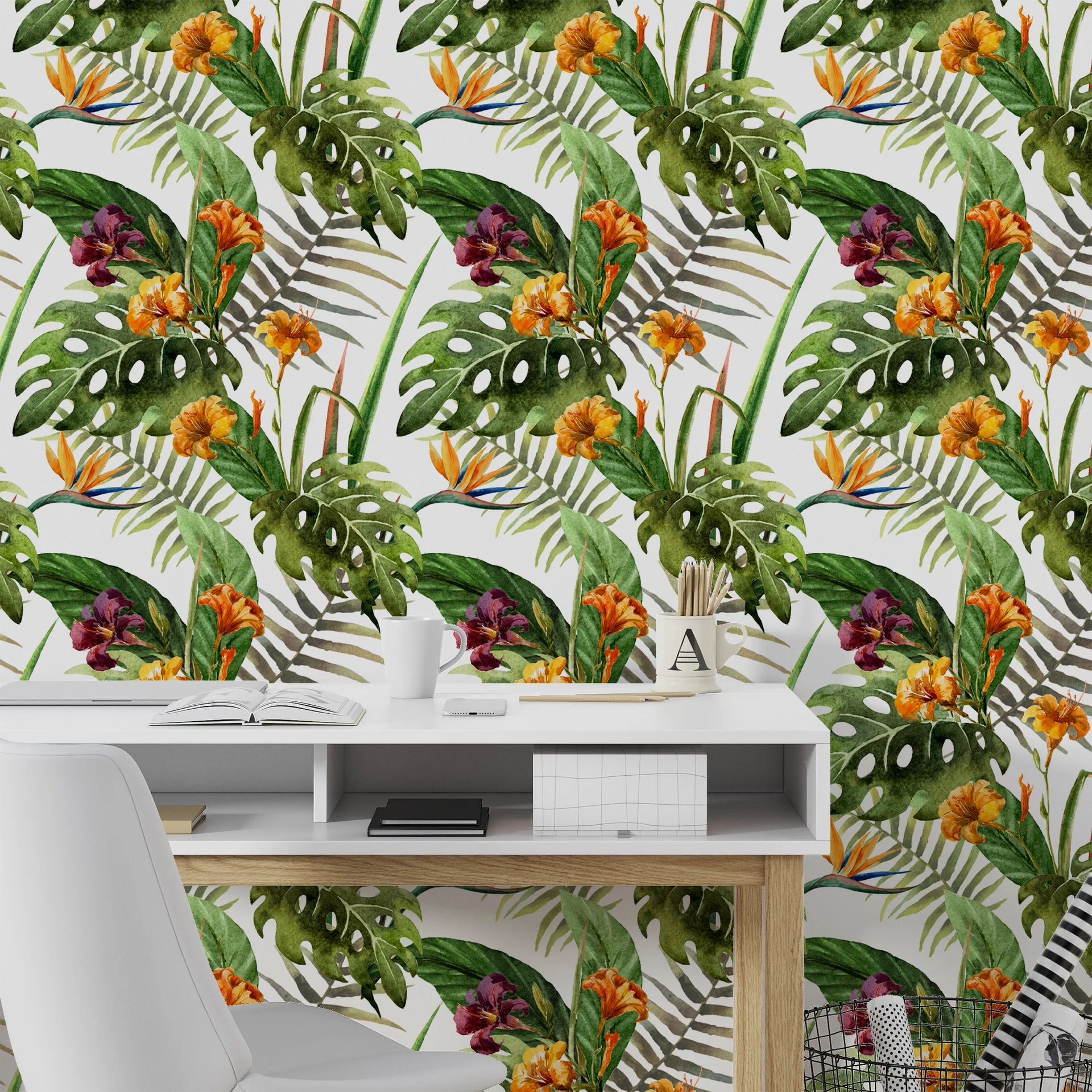 Tropical Plant Wallpaper Monstera Palm Leaf Bird Of Paradise Floral Peel and Stick Removable Wall Mural for Living Room