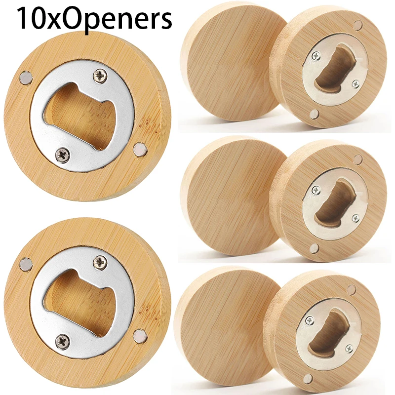 

10Pcs Blank Magnets Bamboo Beer Cap Openers Wooden Round Magnetic Wood Bottle Opener