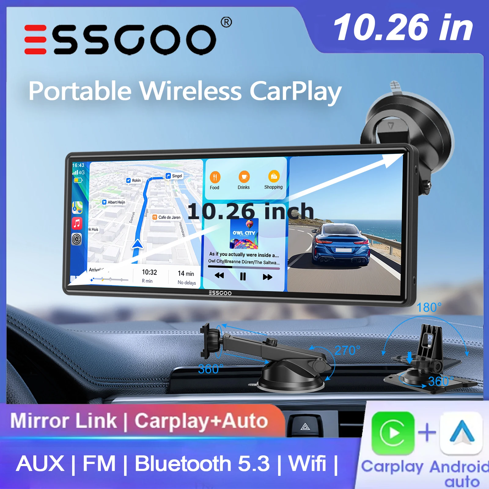ESSGOO Przenośne Radio Samochodowe 10.26 Cala HD IPS Ekran Dotykowy Bezprzewodowe Carplay Android Auto AUX Bluetooth 5.3 Mirror Link SurperLink Dla Furgonetki Ciężarówki Pickupa Sedana Kampera