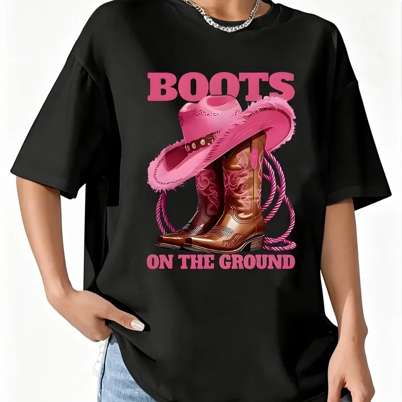 Western Cowgirl Boots & Pink Hat Print with Boots on the Ground Slogan Women's T-Shirt 100% Cotton Fun Print Short Sleeve Top Casual Round Neck Tee S-5Xl