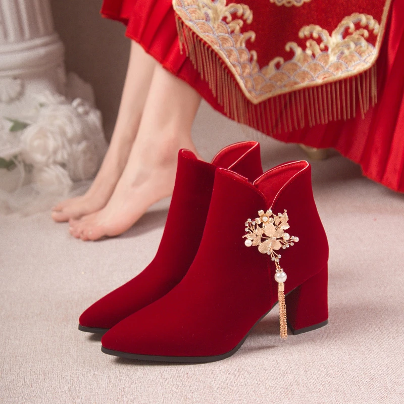 Red Wedding Bridal Shoes 2024 Winter Women\'s Boots Stylish Pointed Toe High Heel Ankle Boots Female Elegant Dress Banquet Shoes