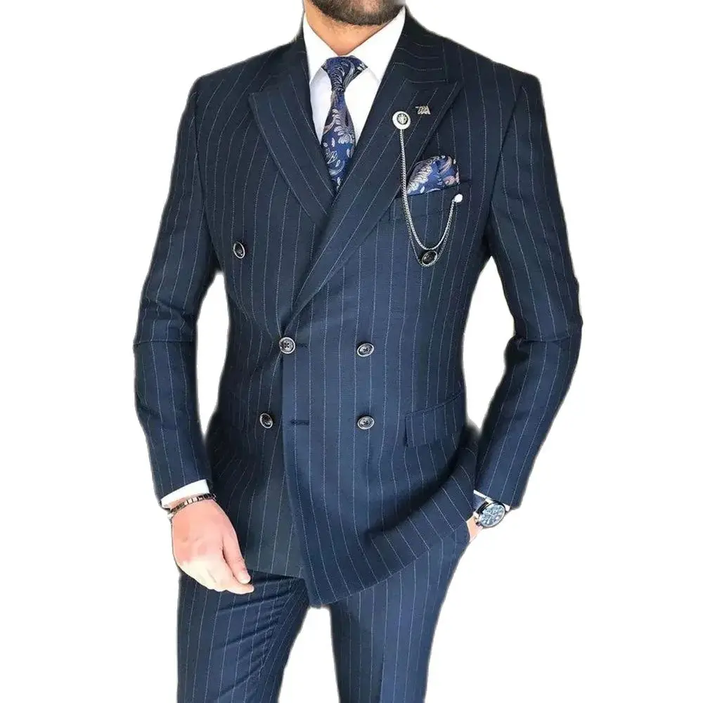 Formal Men Suits High Quality Male Clothing Double Breasted Peak Lapel Navy Blue Stripe Full Sets Business 2 Piece Jacket Pants