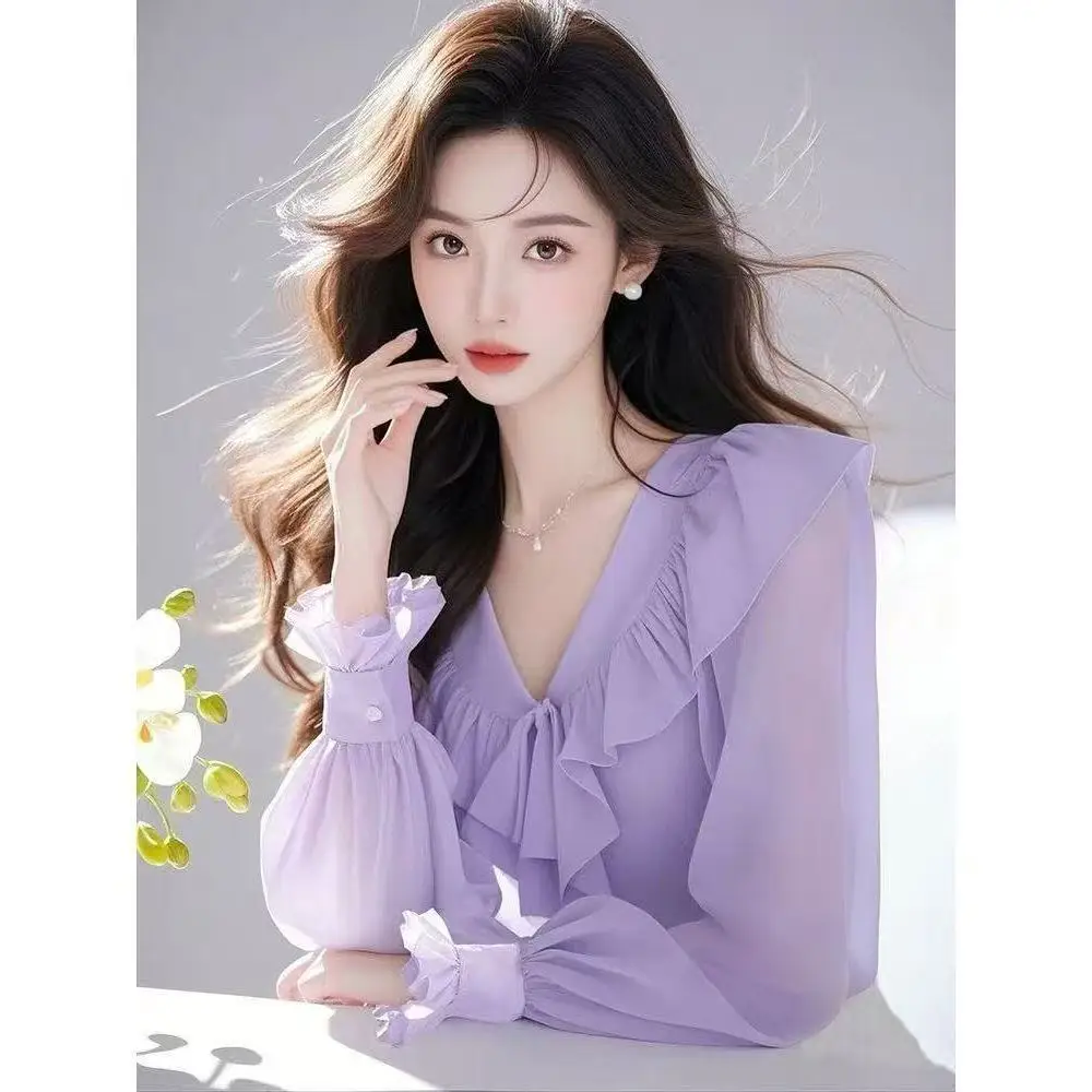 

High Quality 2025 New Korean Style High-Grade Purple Ruffled Collar Long-sleeved Chiffon Blouse for Women Beautiful Spring Top