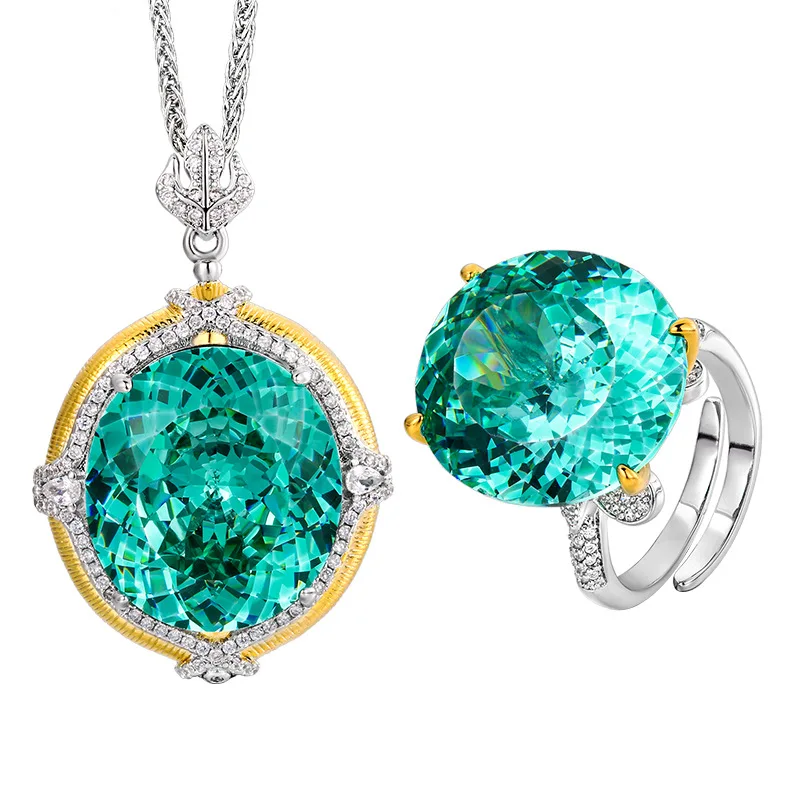 Vintage Large Stone Two Tone Paraiba Teal Green Jewelry Adjustable Ring Oval Cut Sparkling CZ Pendant Necklace Accessories Gift