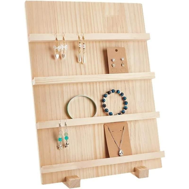 

4-Tier Wooden Earring Display Stand, Retail Jewelry Display Riser Removable Showcase with Slots Rustic Earring Display Card Hold