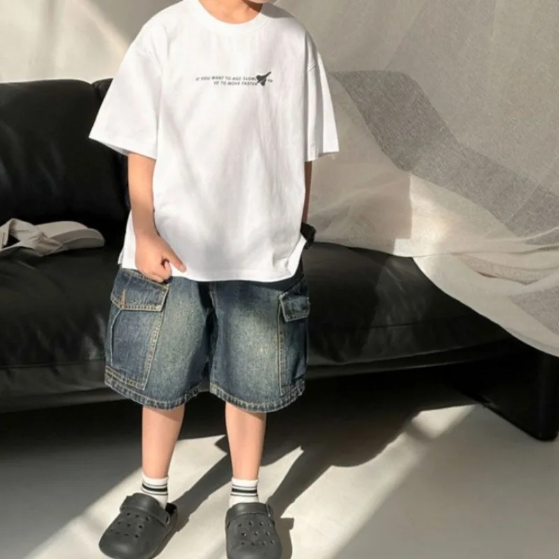 Boys Denim Cargo Shorts Summer Kids Cropped Pocket Jeans Shorts Toddler Boys