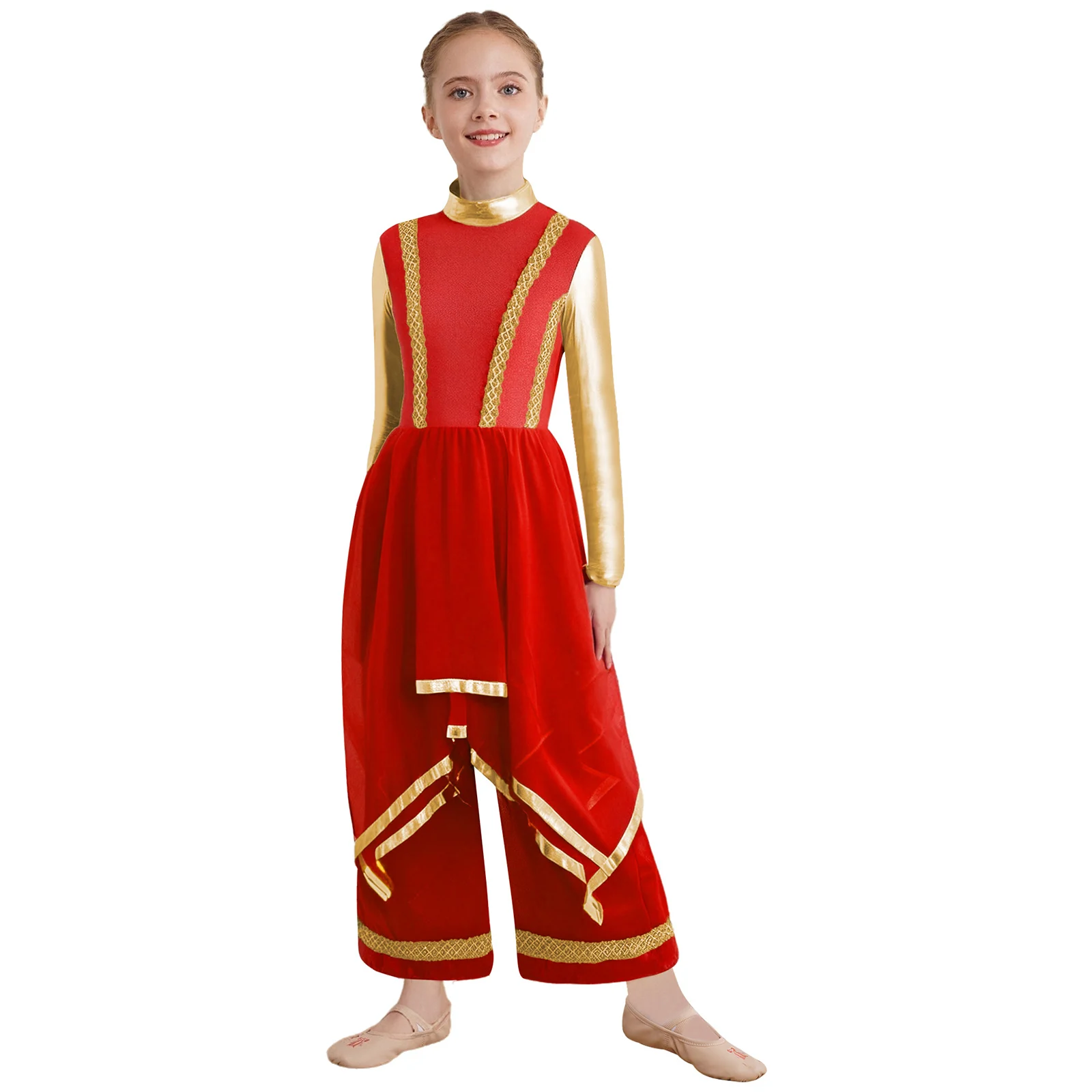 

Kids Girls Worship Liturgical Praise Dress Long Sleeve Gold Trim Metallic Color Block Irregular Hem Wide-Leg Pants Dance Dress
