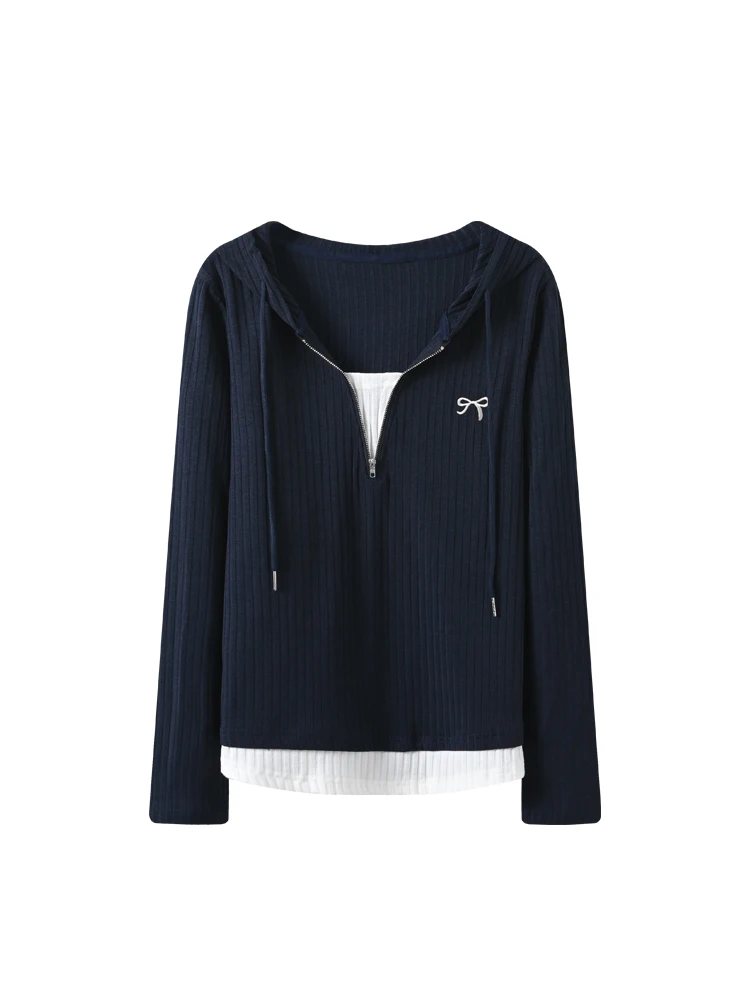 Top de punto de talla grande para mujer, manga larga, con cierre de cremallera y nudo, informal, mezcla de algodón y poliéster, moda primavera-otoño