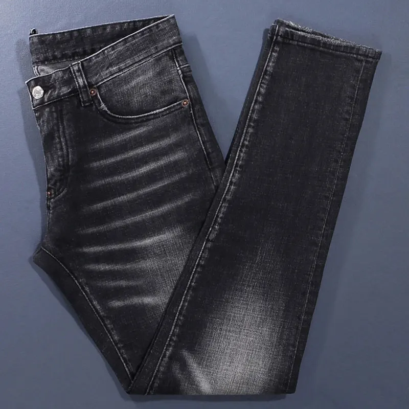 Retro Stretch Washed Black Jeans High Street Fashion Nostalgic Wrinkle Effect Designer Hip Hop Brand High Quality Stretchy Denim