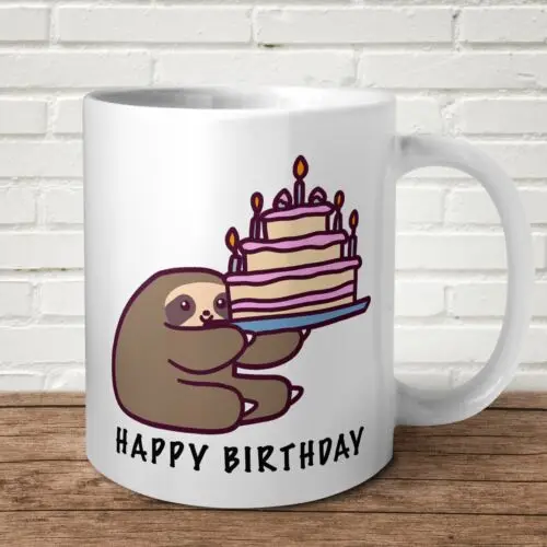 Happy Birthday Sloth Cake Mug Funny Cute Present Gift Animal Celebration Him Her