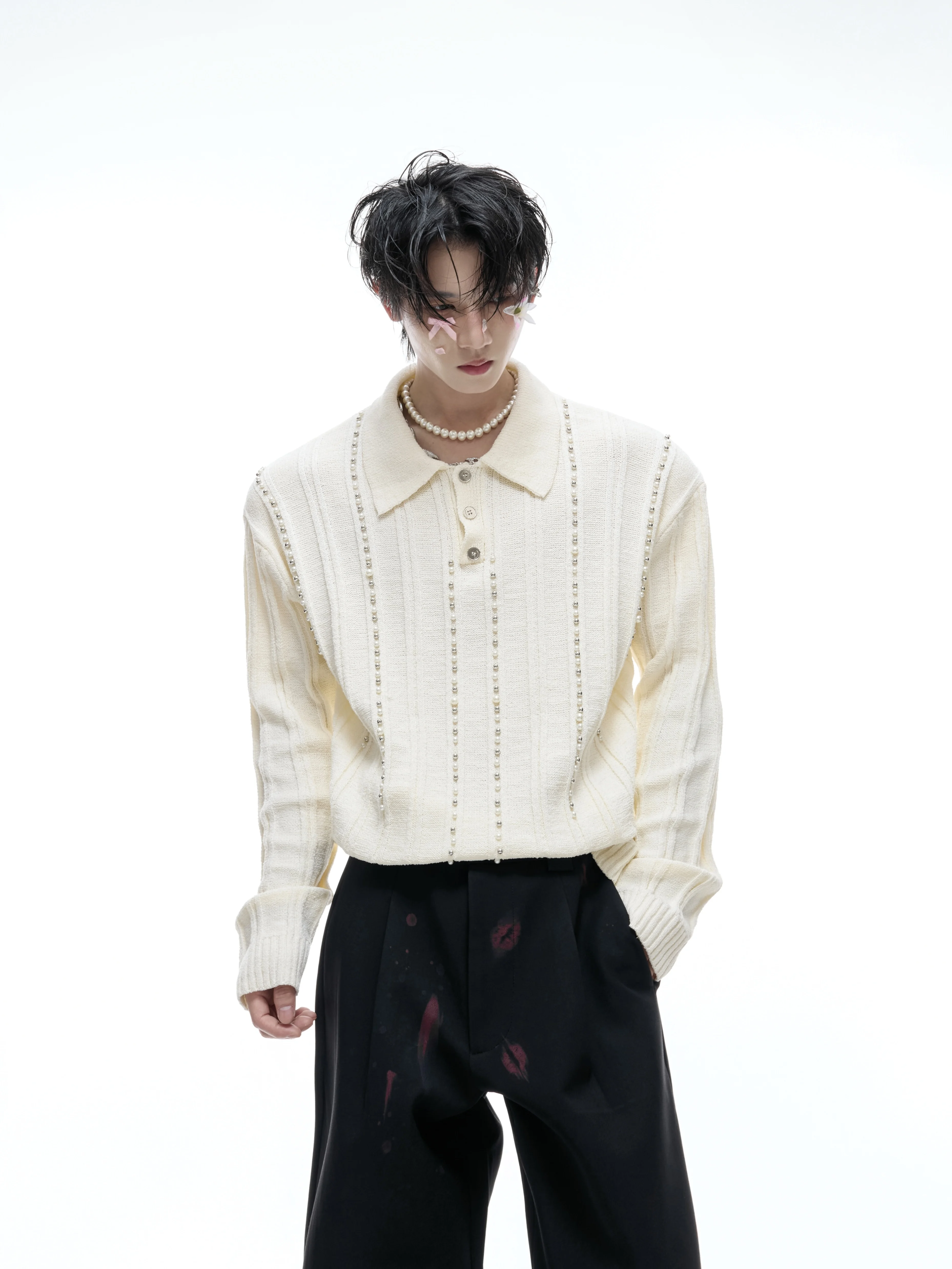 Men's 2025 Autumn New Trendy Elegant Pearl Decorated Knitted Polo Shirts Vertical Stripes Slim Fit Long Sleeve Chic Knitted Tops