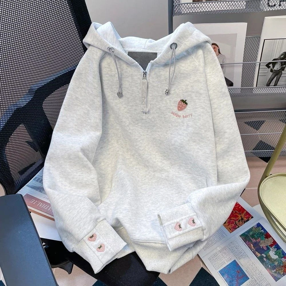 Damen Vintage-Hoodie mit Erdbeer-Herz-Stickerei und Reißverschluss, Herbst-Winter, lässiger Streetwear-Sweatshirt