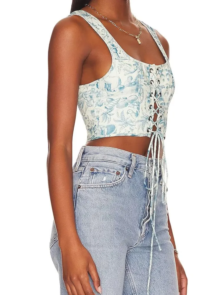 Retro French Blue White Flower Print Crop Top Women Summer Corset Tanks Sexy Cross Lacing up Bandage Fishbone Slim Camisole