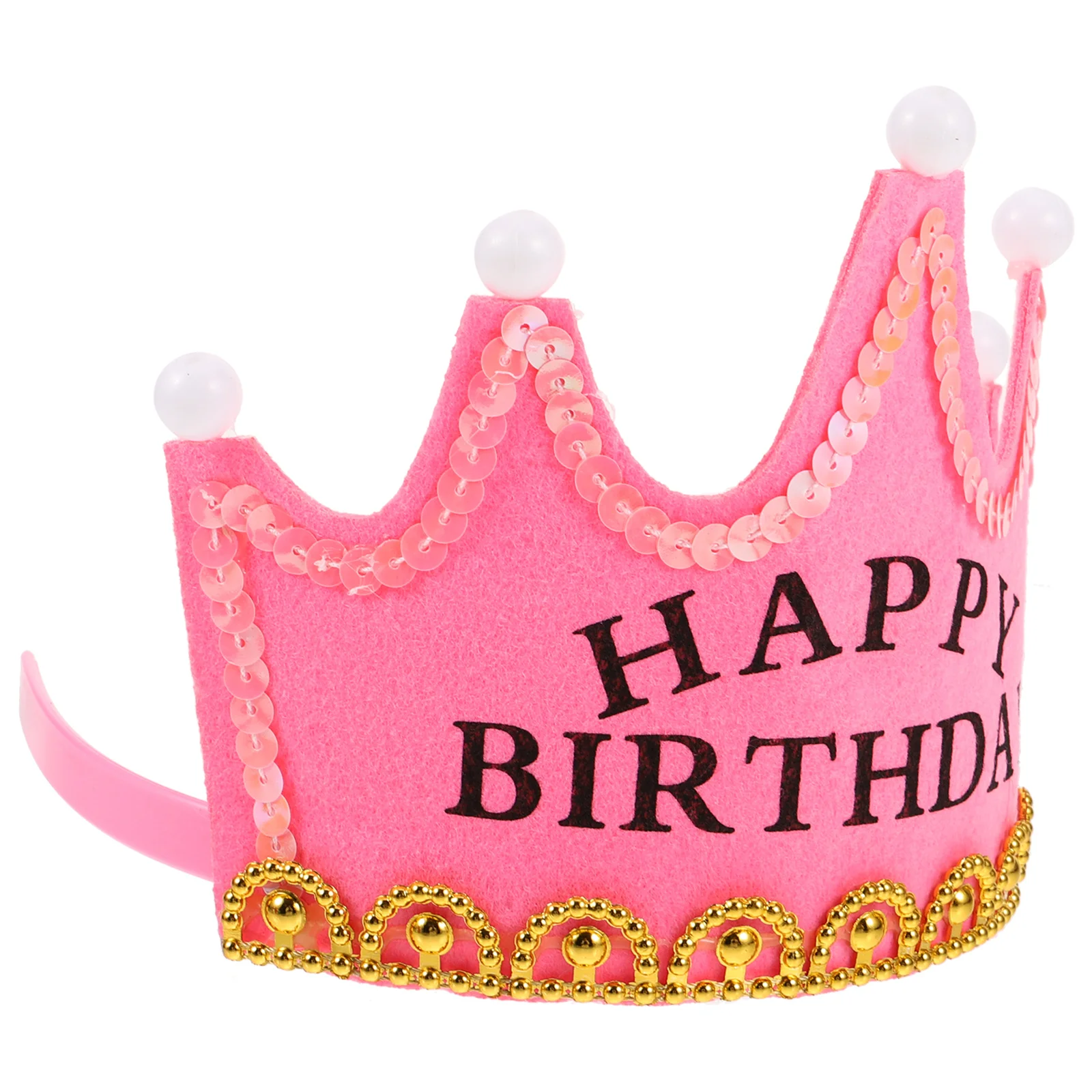 

LED Birthday Crown Hat Happy Birthday Design Kids Women Pink Felt 5 Pearls LED Lights Elastic Band Party Hats Gifts