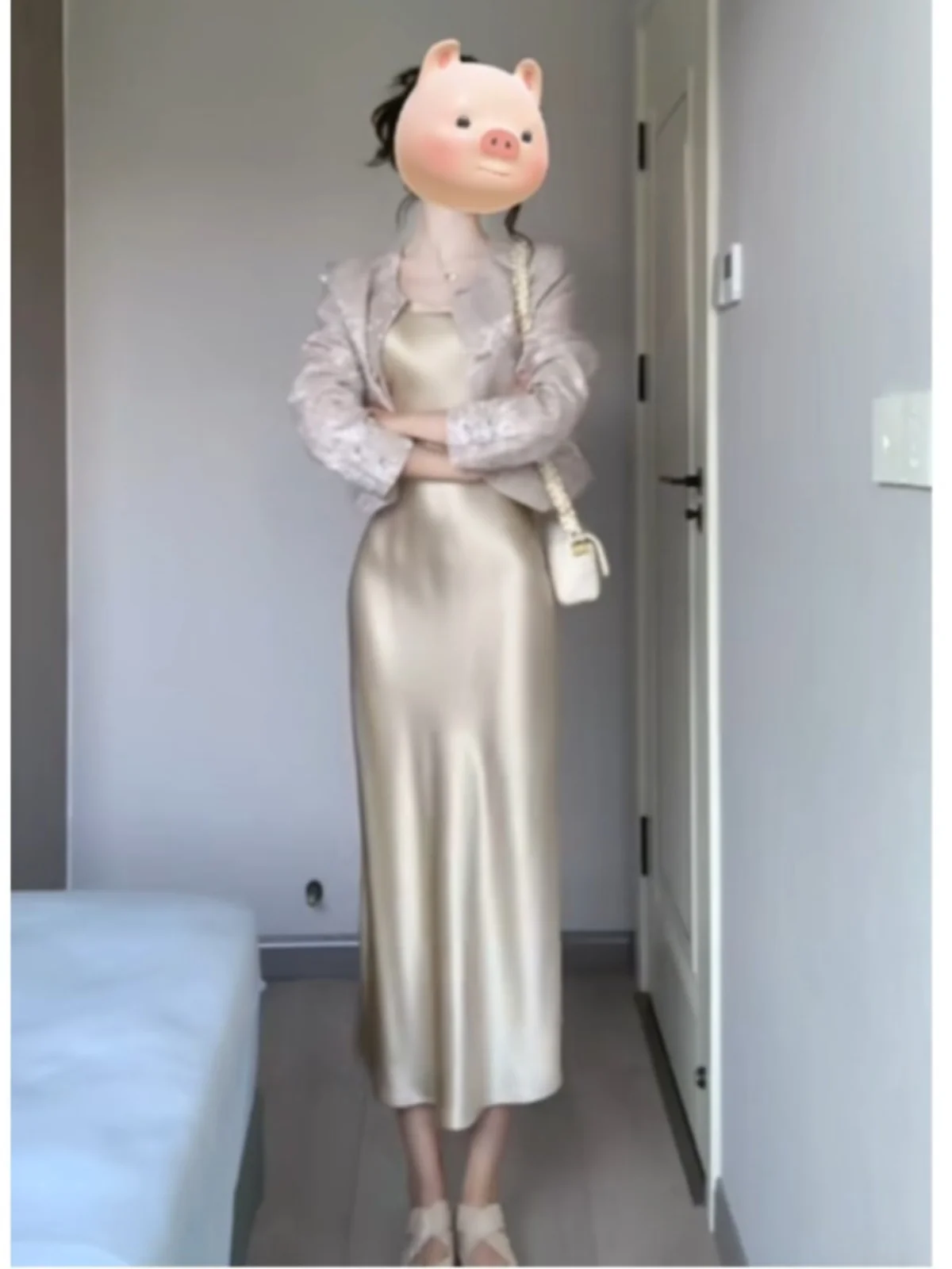 Chic Acetato Raso Jaet And Dr Set Vintage Sle Or Sve Long Dr Comodo Fit Autunno Faion Ensemble da donna