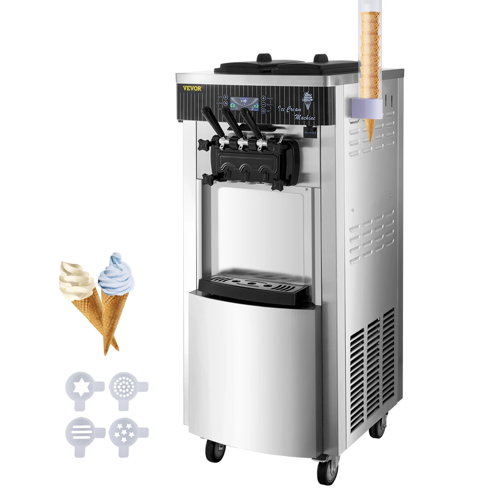 

SucceBuy 20-28L/H Ice Cream Maker Commercial Sorbet Cooler Mobile Tricolor Flavor Sweet Cones Freezing Equipment Vending Machine
