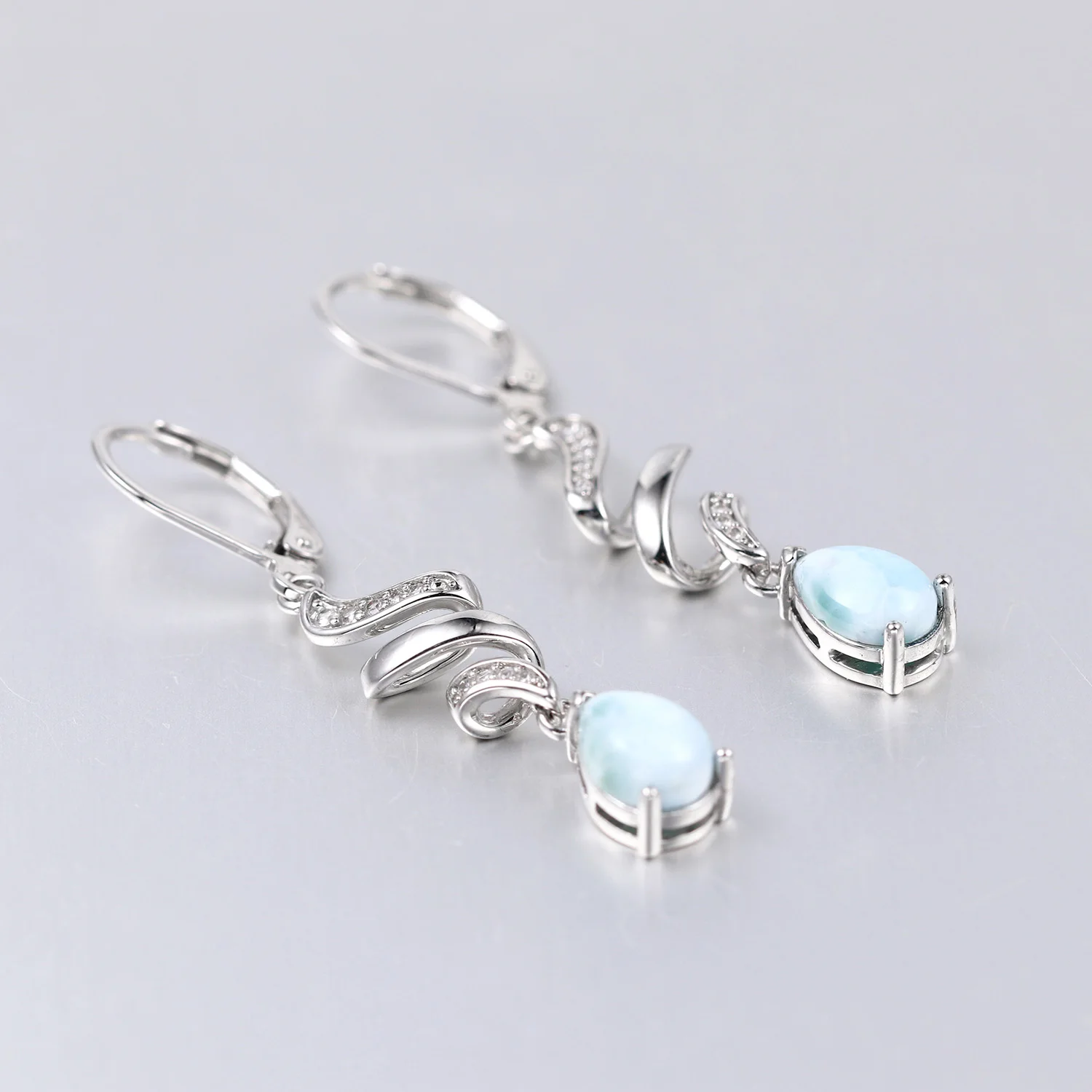 JieLing Rhodium Plated Spiral Earrings Women's Jewelry with Larimar Stone Drop Diamond Accents Elegant Dangle Gift