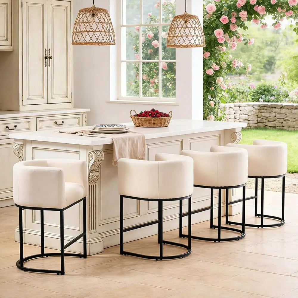 

Набор из 4 барных стульев с льняной обивкой, высотой до стойки, со спинкой и подлокотниками, черный металл, бежевый цвет