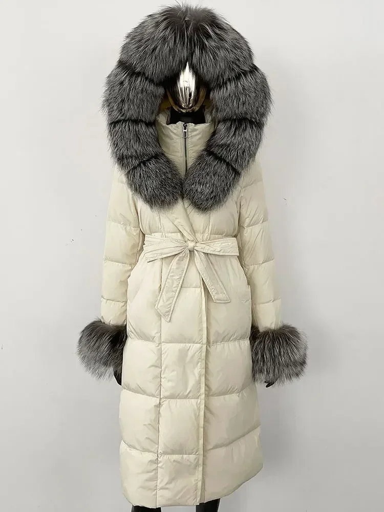 Модная зимняя куртка 2024, женская натуральная большая лисьий меховой воротник, свободное толстое теплое пальто на гусином пуху, верхняя одежда, уличная роскошная одежда