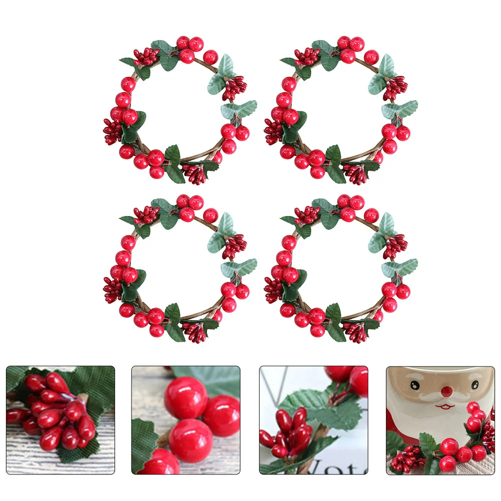 

4Pcs Christmas Wine Glass Candlestick Faux Wreath Decor Realistic Berry Mini Garland for Cup Tabletop Party Adornment