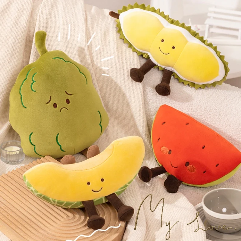 

22-35cm Kawaii Durian Watermelon Balsam pear Plushies Doll Soft Stuffed Fruit Cute Hami Melon Plush Toys for Girls Birthday Gift