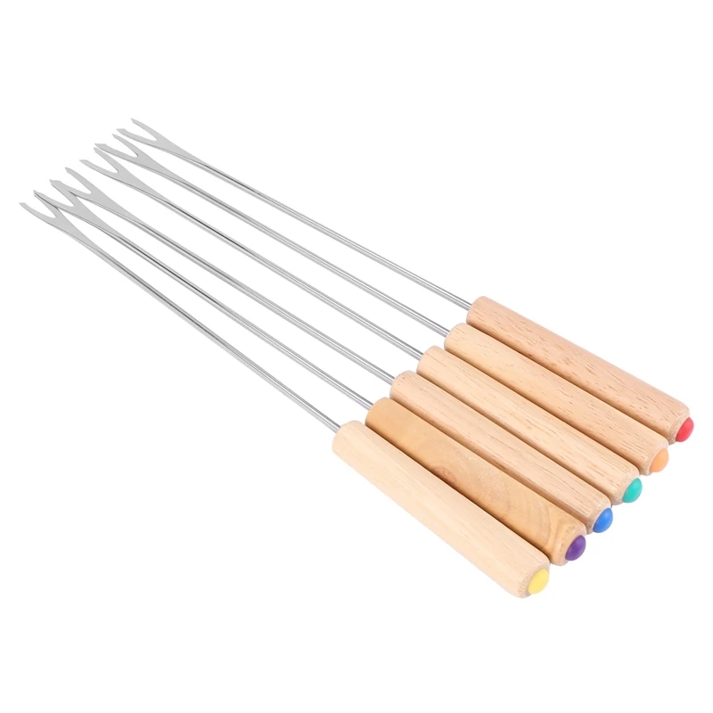 Stainless Steel Color Coding Chocolate Fountain Cheese Fondue Forks With Oak Wood Handle Heat Resistant, Skewers Marshmallow Roa