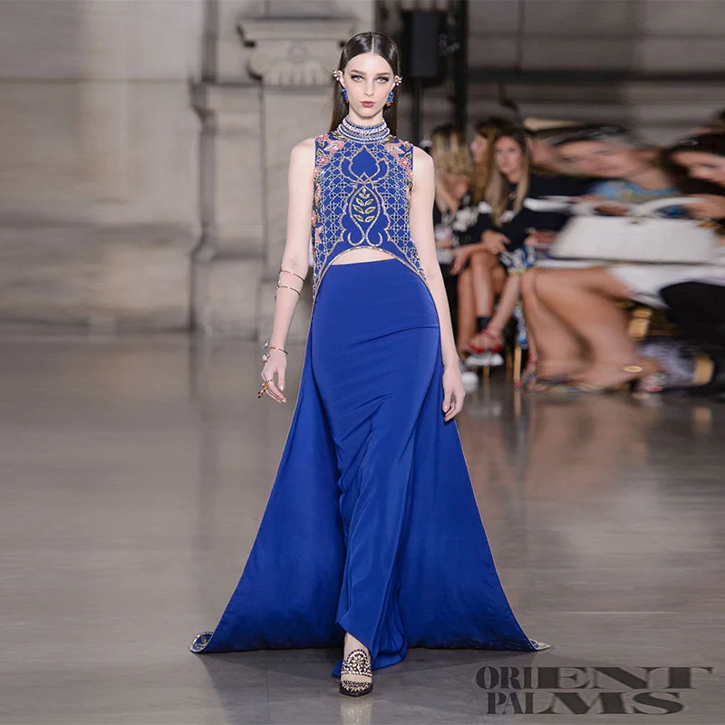 L352 New Two Pieces Navy Blue Beaded Crepe  فساتين السهرة vestidos de fiesta  فساتين سهره evening dresses