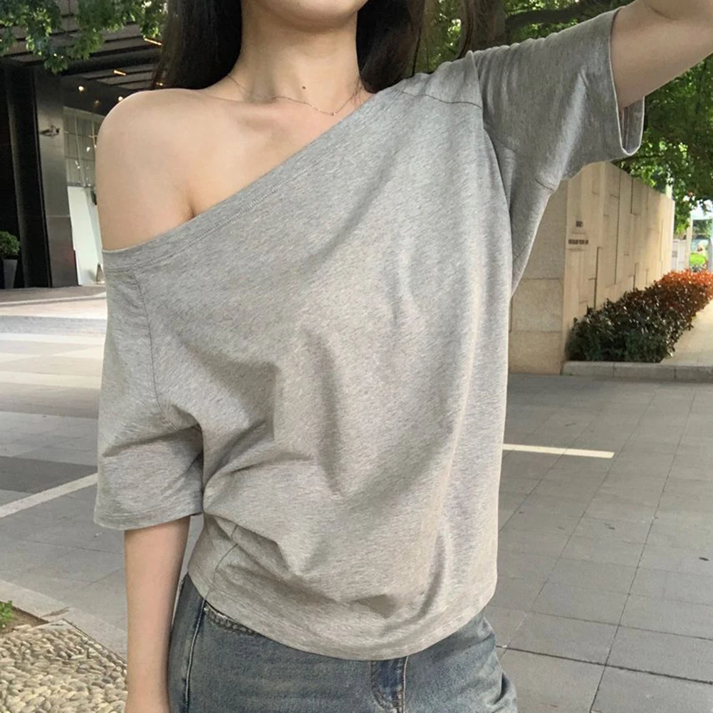 Lightweight Summer Top for Women Featuring Slanted Shoulder and Short Sleeves Casual Fit with Stretch Fabric Blend