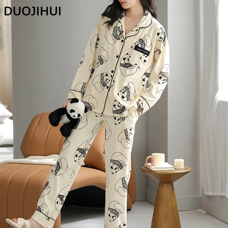 DUOJIHUI Fashion Print Casual Pajamas for Women Autumn Chicly with Chest Pad Cardigan Basic Pant Loose Simple Female Pajamas Set