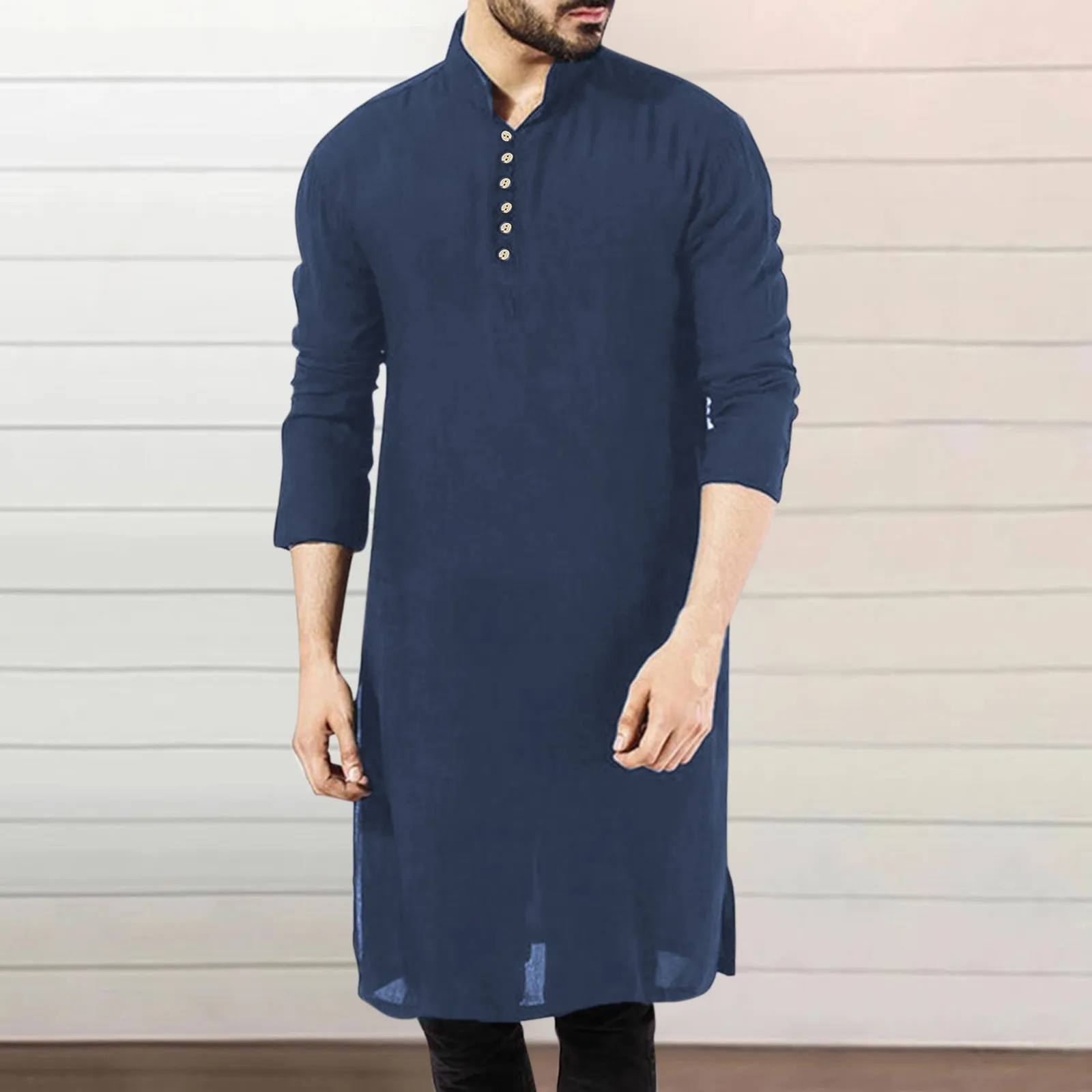 Jubba Thobe-Robes sulfpour Hommes, Vêtements Islamiques, Mode Musulmane, Couleur Unie, Manches sulf, Bouton, Col Montant, Arabe, Simple, Décontracté