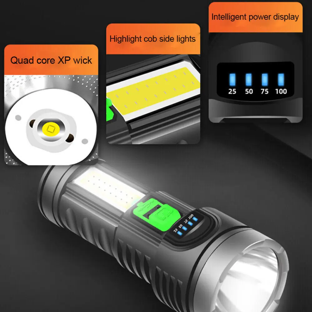 مصباح LED عالي الطاقة ، شعلة فائقة السطوع ، مصباح يدوي USB قابل لإعادة الشحن ، شعلة مضيئة