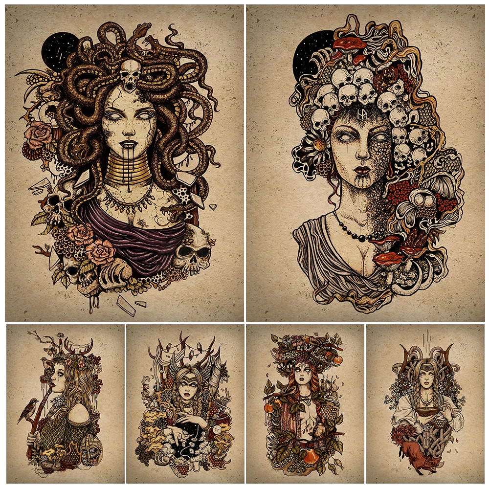 

Norse Mythology Portrait Vintage Wall Art Canvas Painting,Medusa,Odin,Frigg,Sigyn Legendary Figures Art Poster Print Home Decor