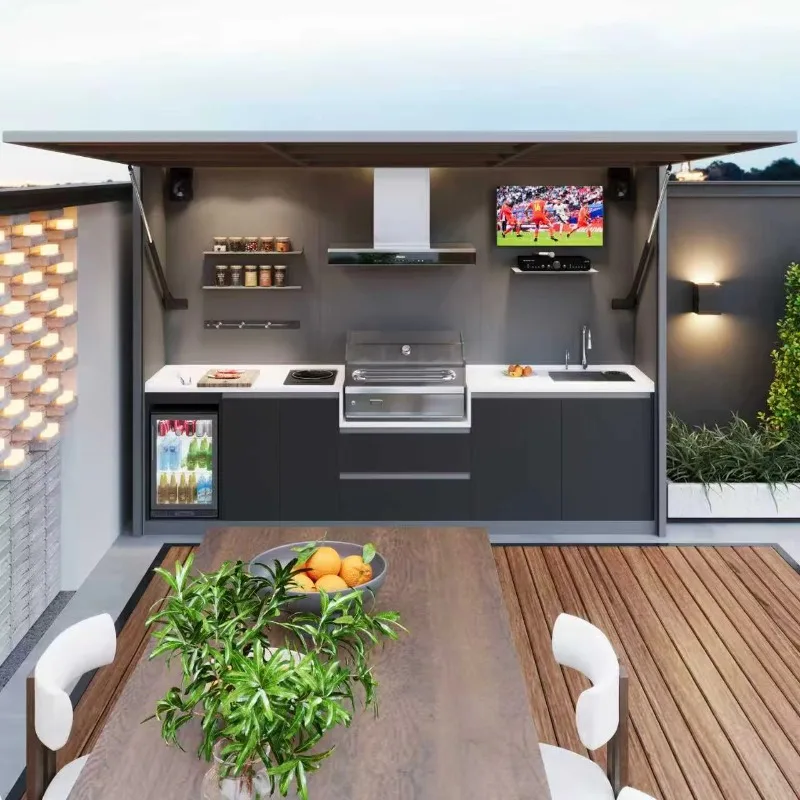 Customized Outdoor Kitchen BBQ Closeable Shed Complete Closed Alfresco Modular Best Designs Black Weatherproof for Patio