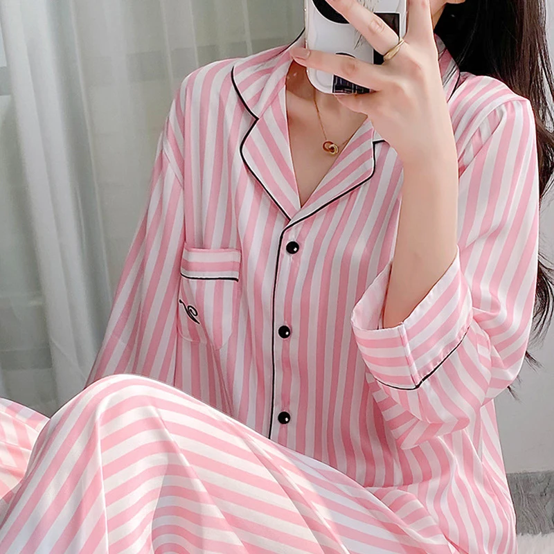 Pink Striped Pajama Set Loungewear Long Sleeves Pants Home Wear Women\'s Printed Lapel Sleepwear Satin Loose Casual Nightwear