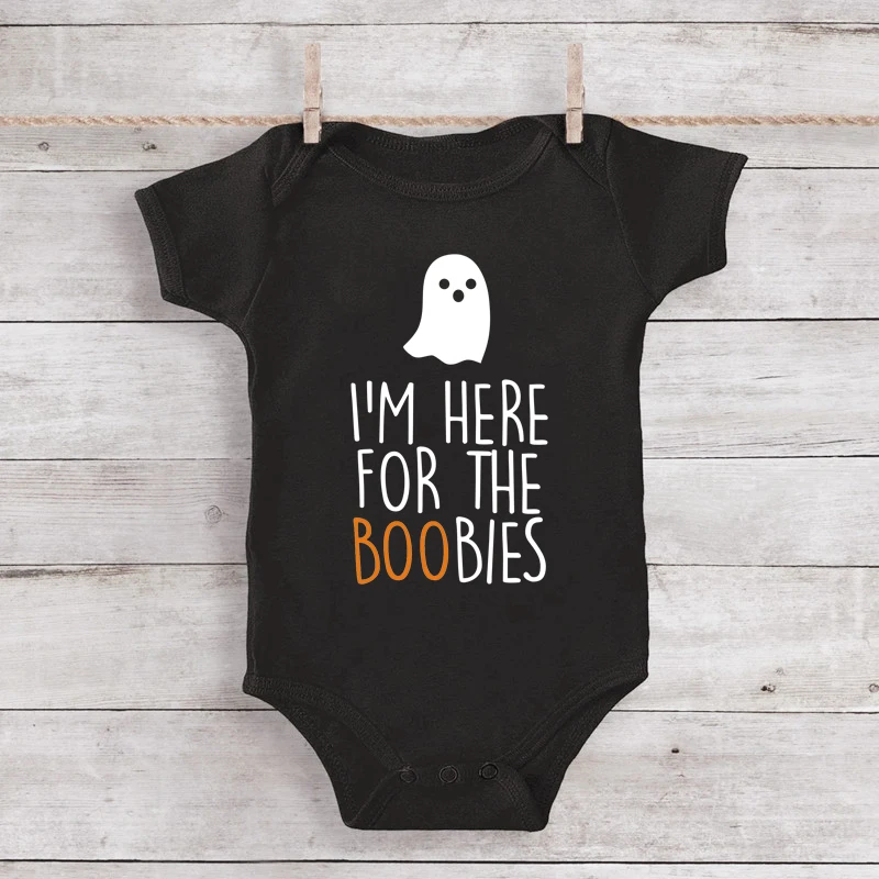 I'm Here For the Boobies Funny Baby Halloween Onesies Cotton Infant Boys Girls Rompers Newborn Baby Halloween Costume Gifts