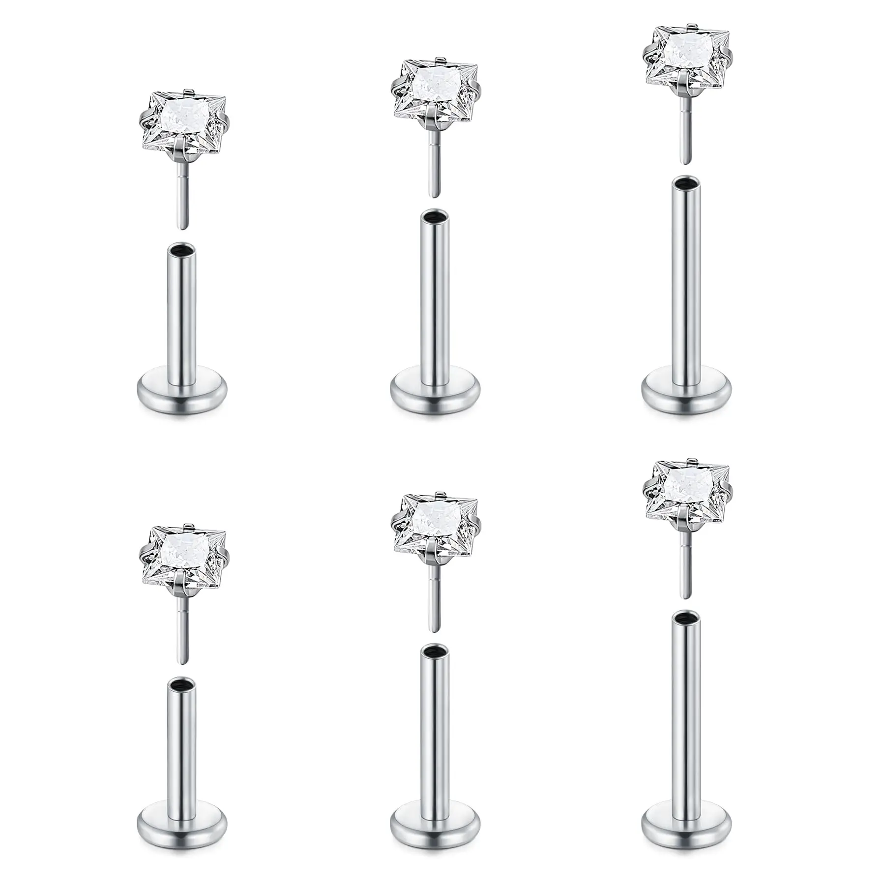 6pcs Threadless 16G Round Star CZ Surgical Steel Lip Rings Tragus Earrings Piercing Jewelry for Women Men 6mm 8mm 10mm Silver