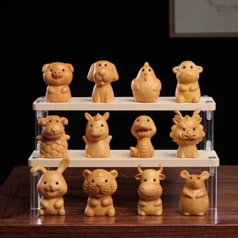 Golden Sandalwood Carved Zodiac Animals Hand Piece Wood Carving Animal Figurine Natural Wenwan Home Decor Souvenir Gift