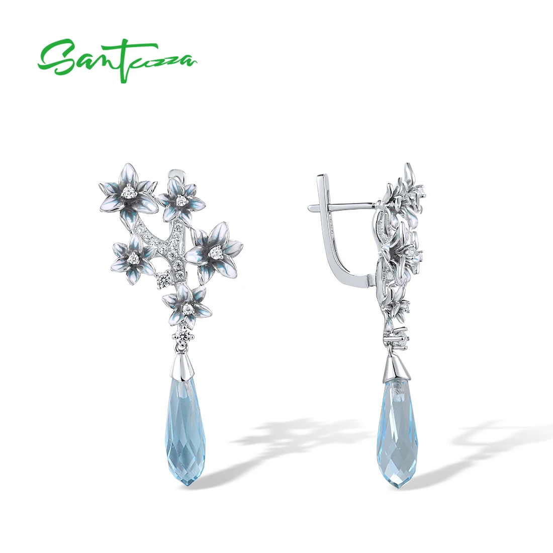 SANTUZZA Pure 925 Sterling Silver Drop Earrings For Women Sparkling Blue Stones White CZ Enamel Flower Fine Jewelry Handmade