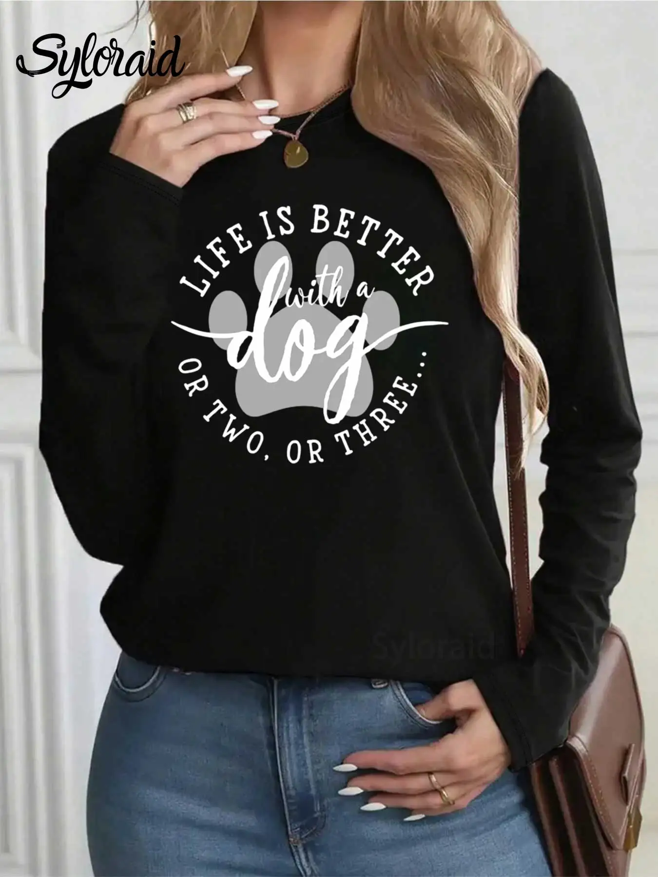 تي شيرت نسائي بأكمام طويلة، تي شيرت مضحك لمحبي الكلاب، الحياة أفضل مع قميص كلب، قميص كاجوال برقبة دائرية #2