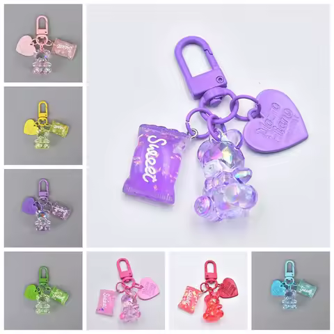Cartoon Bling Heart Bear Key Ring Candy Color Letter Resin Gummy Bear Keychain Transparent Bag Decoration Lovely Bag Pendant