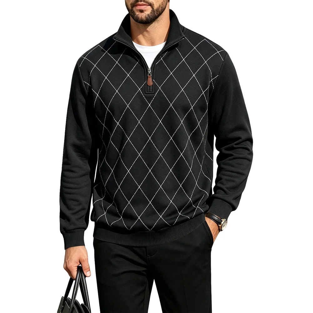 Men's Half Zip Plaid Sweatshirt Fleece Lined Long Sleeve Pullover Casual Daily Wear Work Top Spring Autumn Winter Beige Blue