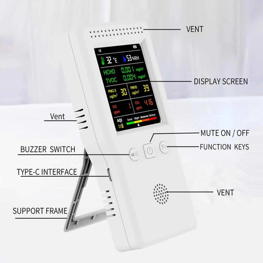 9 In 1 Temperature Humidity PM2.5 PM10 HCHO TVOC CO CO2 AQI Tester Multifunctional Air Quality Monitor LCD Color Display