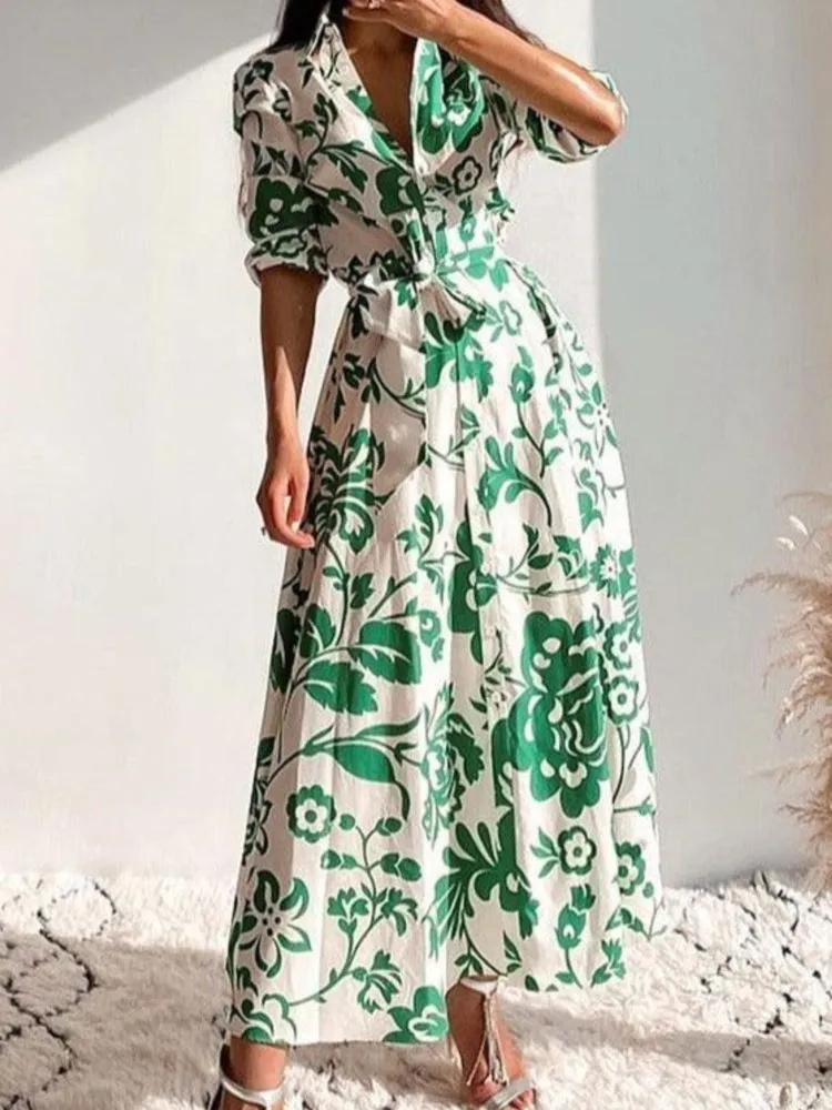 bohemian loose dresses Elegant Boho Long Loose Cotton Beach Dress Green / XL