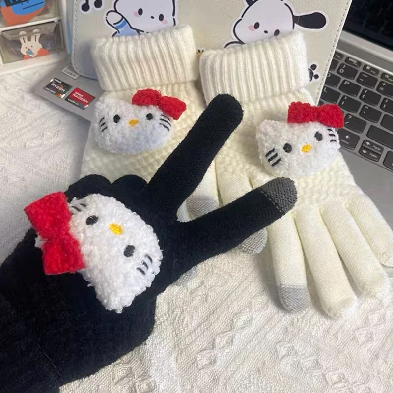 New Sanrio HelloKitty Plush Coral Fleece Winter Warm Gloves For Students Male Female Holiday Gifts Cute KT Cat Riding Gloves