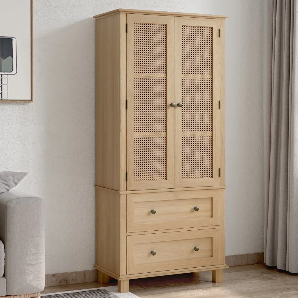 

Rattan Cabinet with Doors, Tall Storage Cabinet with 2 Drawers, Narrow Accent Versatile Cabinet for Living Room, Oak